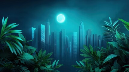 Poster - A futuristic cityscape with skyscrapers overgrown with tropical plants and neon lights illuminating the urban jungle, blending nature and technology.