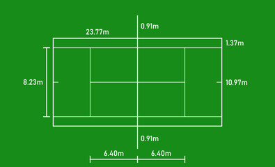 Wall Mural - Tennis Court Field Size and Dimension Vector Drawing Illustration. Tennis Clay Court. Black outline court and stadium on white background. Tennis match, league scheme.