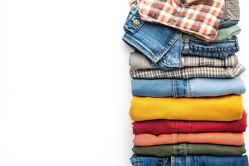 Poster - Different styles of shirts, pants, and accessories neatly arranged on a white background, leaving blank space for branding or captions. Generative AI