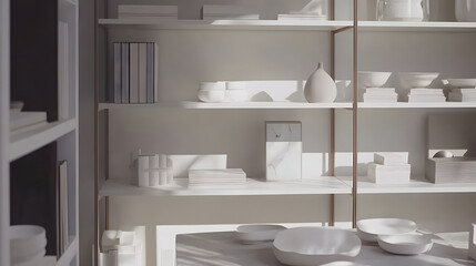 Fototapete - A modern, minimalist display of white ceramic dishes and books arranged neatly on light-colored shelves