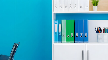 Poster - A tidy office space featuring colorful binders on a white shelf against a bright blue wall, creating a vibrant and organized workspace