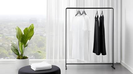Poster - A minimalist clothing rack displays a black dress and a white shirt, accompanied by a potted plant, set against a bright window view