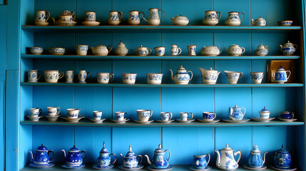 Poster - A vibrant display of vintage ceramic teapots and containers on shelves against a bright blue wall