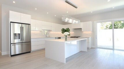 Poster - A beautifully remodeled luxury kitchen with a large central island, stainless steel appliances, and gleaming floors, captured in the midst of the renovation process.