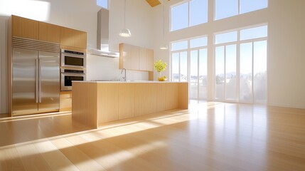 Poster - A beautifully remodeled luxury kitchen with a large central island, stainless steel appliances, and gleaming floors, captured in the midst of the renovation process.