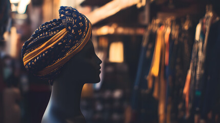 Poster - A dark silhouette of a mannequin wearing a decorative headwrap, surrounded by colorful fabrics in a vibrant marketplace