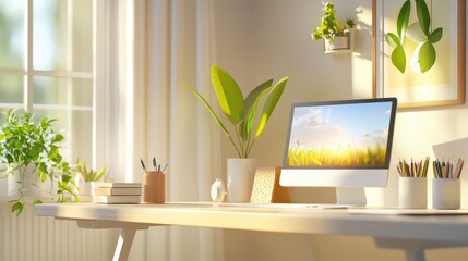 Poster - A calm and quiet home office with a clean desk, plants, and natural elements, designed to encourage focus and mindful work habits.