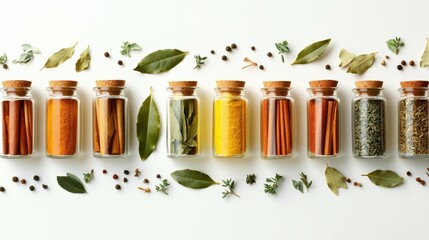 Fototapete - Colorful jars filled with spices are arranged neatly with bay leaves and cinnamon sticks, creating an aromatic display perfect for recipes. Generative AI