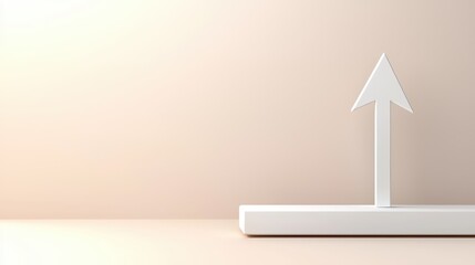 Poster - A clean, minimalist 3D white arrow rising upwards on a smooth, simple surface, representing forward momentum, success, and the achievement of future goals
