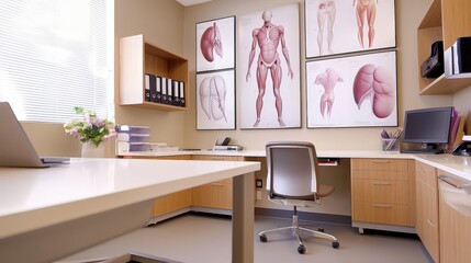 Poster - A clean, organized study space featuring medical posters on the wall with anatomy diagrams, creating a visual aid-rich environment for effective learning