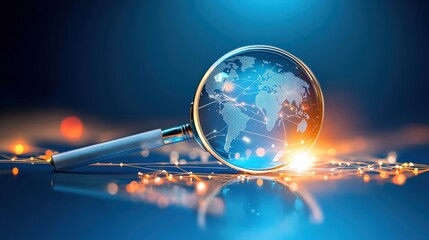 Poster - A magnifying glass zooming into a glowing world map with networked lines, representing global connectivity and international exploration, set on a bright blue gradient