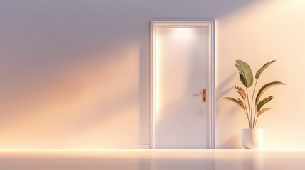 Poster - A minimalist style photo featuring a single house key in the door of a white, modern entrance with clean lines and soft lighting.