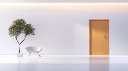 Poster - A minimalist style photo featuring a single house key in the door of a white, modern entrance with clean lines and soft lighting.