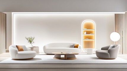 Poster - A modern furniture store showcasing a variety of stylish sofas, armchairs, and coffee tables, with sleek lighting and minimalist design, creating a spacious and inviting atmosphere.