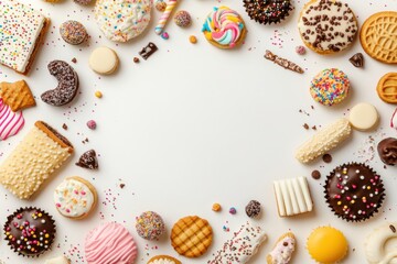 Poster - A tempting variety of sweets and cookies is beautifully displayed on a white surface, featuring vibrant colors and textures. Generative AI