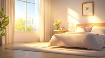 Poster - A simple and elegant bedroom with calming decor, soft textures, and a clutter-free environment, promoting a serene living space.