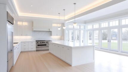 Poster - A spacious luxury kitchen renovation with a modern open layout, marble countertops, and top-tier fixtures, showing progress towards a sleek, contemporary design.
