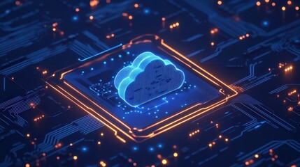 Aufkleber - A stylish, minimalist illustration of cloud computing on a blue circuit board. The cloud is depicted in a simple outline, surrounded by minimal data pathways