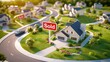 © Rinowz - A vibrant aerial shot of an housing development, featuring houses with 'Sold' signs, symbolizing a hot property market. 3D render with realistic textures.