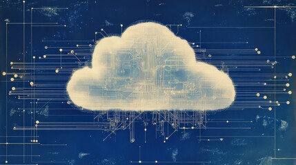 Poster -  cloud computing technology with a circuit board pattern forming the shape of a cloud. The cloud is set against a vibrant blue background, with glowing lines and nodes representing data flow 