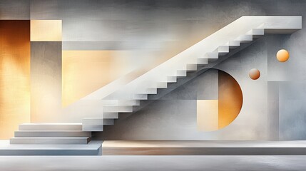 Poster - Abstract depiction of staircases with exaggerated angles and contrasting textures, emphasizing modern architectural forms.