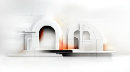 Poster - Abstract drawing of architectural elements like arches and columns in a deconstructed style, with clean lines and shadows.