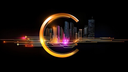Poster - Digital-inspired logo with a stylized motherboard layout combined with a high-tech city skyline for software design companies.
