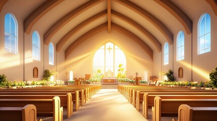 Poster - Interior of a grand Catholic cathedral, featuring high vaulted ceilings, stone arches, and rows of wooden pews bathed in soft sunlight.