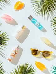 Poster - Colorful sunglasses, sunscreen bottles, and tropical leaves create a vibrant summer vibe, perfect for beach outings and sunny days. Generative AI