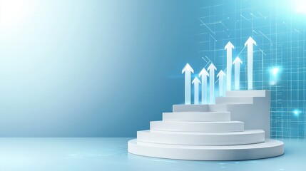 Poster - A futuristic representation of ascending arrows on a white staircase, indicating profit, investment, and success trends, with a clean blue grid background
