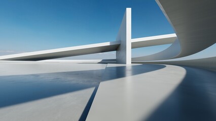 Aufkleber - 3d render of abstract modern white  concrete architecture with empty cement floor, minimal exterior, car presentation background