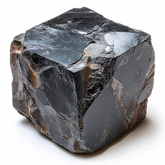 A dark, textured rock resembling a cube, showcasing natural fractures and a shiny surface, often used in geology or as decorative stone.