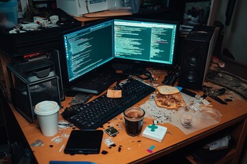 Poster - A busy desk with dual monitors, coffee stains on the desk pad, and a half-eaten sandwich