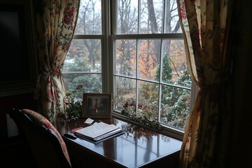 Poster - A desk near a window with curtains partially drawn, overlooking a rainy day outside