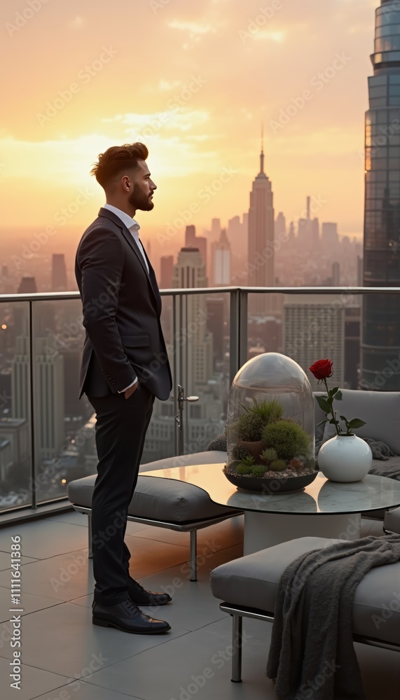 Confident Man in Tailored Suit on Rooftop with City Skyline at Sunset ...