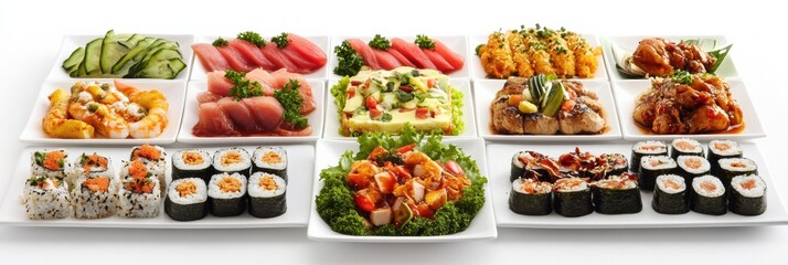 Poster - Various delicious dishes from Italian, Japanese, and Mexican cuisines are skillfully arranged on a white background with available space for text. Generative AI