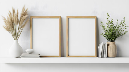 Minimalistic home decor of interior with two brown wooden mock up photo frames above the white shelf with books