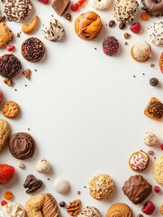 Poster - An array of colorful sweets and cookies is displayed against a white background, leaving empty space for custom text or messages. Generative AI