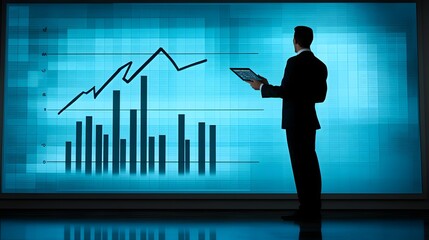 Poster - A businessman analyzes digital data on a large screen, showcasing graphs and statistics that depict growth and performance trends in a corporate environment.