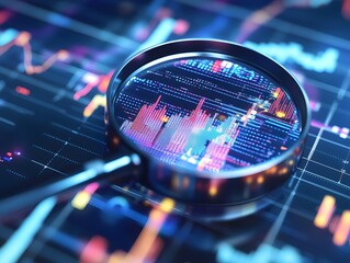 Poster - A close-up view of a magnifying glass focusing on digital financial charts