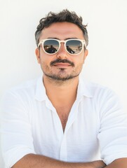 Poster - Bright summer accessories like stylish sunglasses and sunscreen displayed on a white background, perfect for summer promotions and warm weather. Generative AI