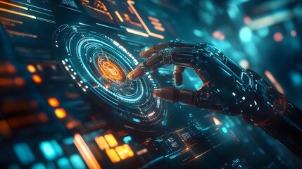 Poster - a futuristic robot hand interacts with a glowing touchscreen interface, showcasing advanced technolo