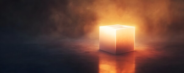Poster - A glowing cube emerges from a misty background, creating a mystical atmosphere perfect for artistic concepts and abstract designs.