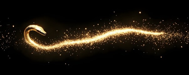 Poster - A mesmerizing golden snake made of sparkling light, gracefully gliding through a dark backdrop, symbolizing elegance and mystique. Perfect for creative and artistic projects.