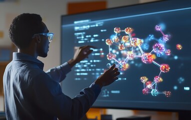 Poster - A scientist interacts with a digital interface displaying complex molecular structures, emphasizing innovation and technology in scientific research and exploration.