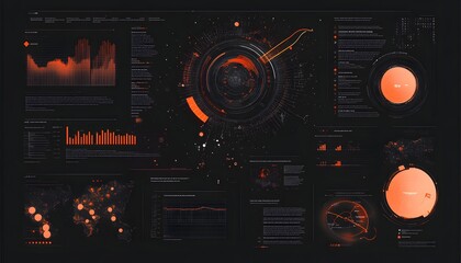 Poster - A sleek, modern data visualization dashboard featuring graphs, charts, and metrics in vibrant orange and black colors, ideal for technology and analytics presentations.