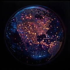Poster - A stunning digital representation of North America showcasing vibrant city lights against a dark backdrop, emphasizing connectivity and technological progress across the continent.