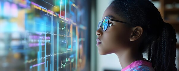 Poster - a young girl with glasses focuses intently on a digital screen displaying colorful data and graphics