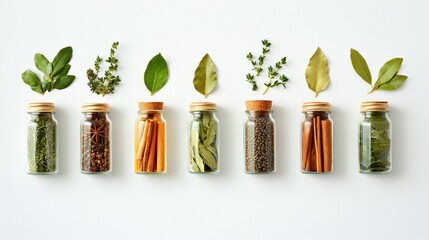 Fototapete - Small jars filled with vibrant spices, bay leaves, and cinnamon sticks are artfully arranged on a white background, providing a clean space for text. Generative AI
