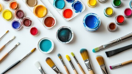 Aufkleber - A variety of hobby and DIY tools are neatly arranged, featuring brushes, acrylic paints, and a palette on a white surface. Generative AI